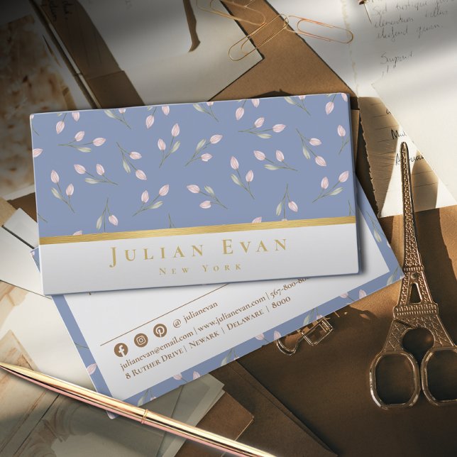 Delicate Gold Floral Dusty Blue  Business Card (Creator Uploaded)