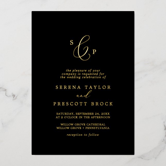 Delicate Gold Foil | Black Formal Monogram Wedding (Front)