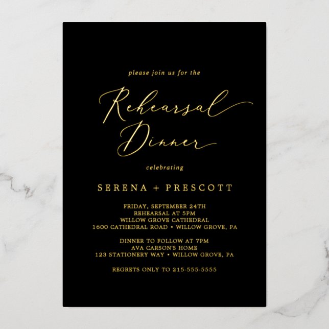 Delicate Gold Foil | Black Rehearsal Dinner (Front)