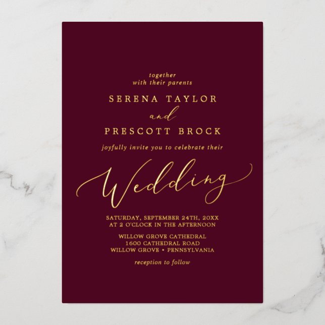 Delicate Gold Foil Calligraphy | Burgundy Wedding (Front)