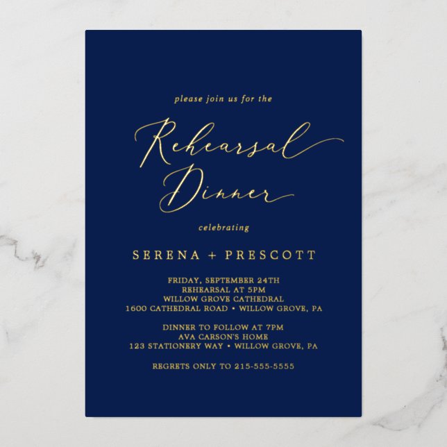 Delicate Gold Foil | Navy Blue Rehearsal Dinner (Front)
