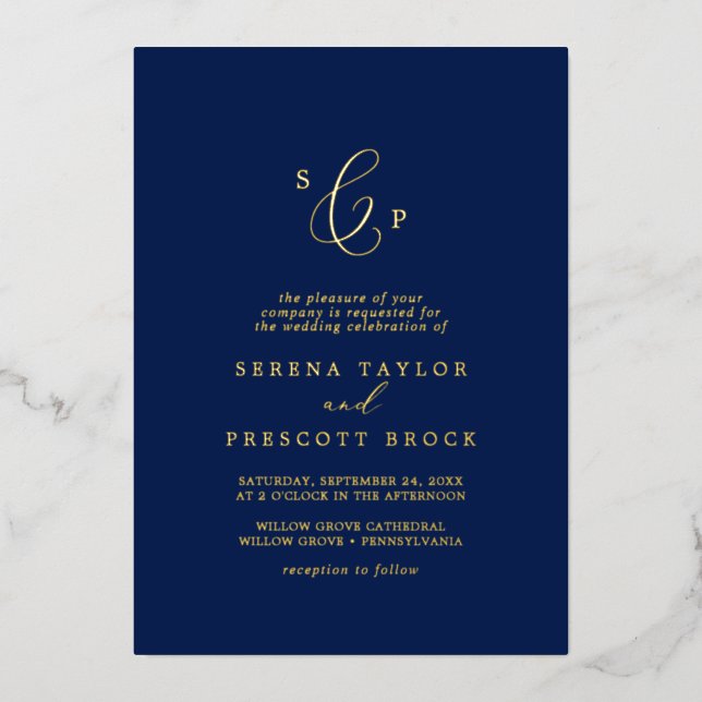 Delicate Gold Foil | Navy Formal Monogram Wedding (Front)