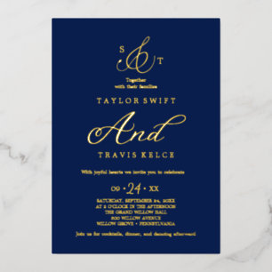 Delicate Gold Foil   Navy Formal Monogram Wedding 