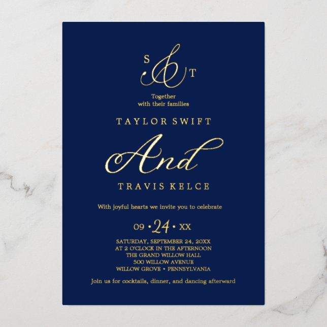 Delicate Gold Foil | Navy Formal Monogram Wedding  (Front)