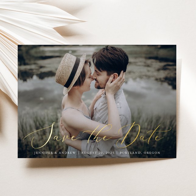 Delicate Gold Foil Script Photo Save the Date Card (Creator Uploaded)