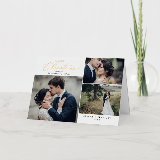 Delicate Gold Foil Wedding Photo Thank You Foil Holiday Card (Front)