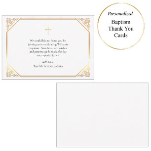 Delicate Gold Frame Pink Roses Catholic Baptism    Thank You Card