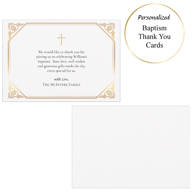 Delicate Gold Frame Pink Roses Catholic Baptism    Thank You Card (Creator Uploaded)