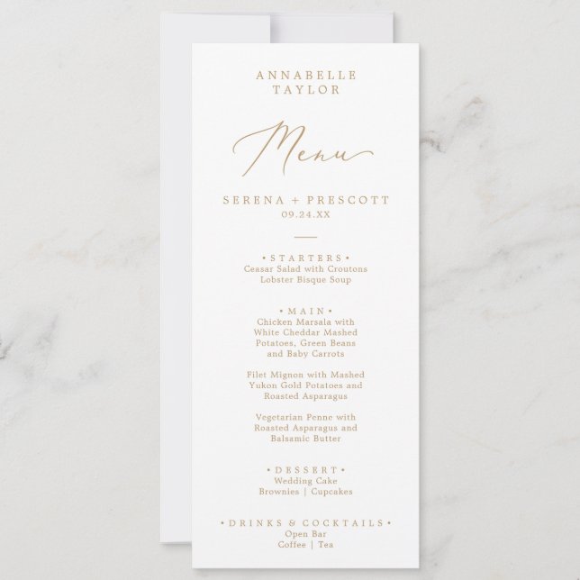 Delicate Gold Guest Name Wedding Menu Invitation (Front)