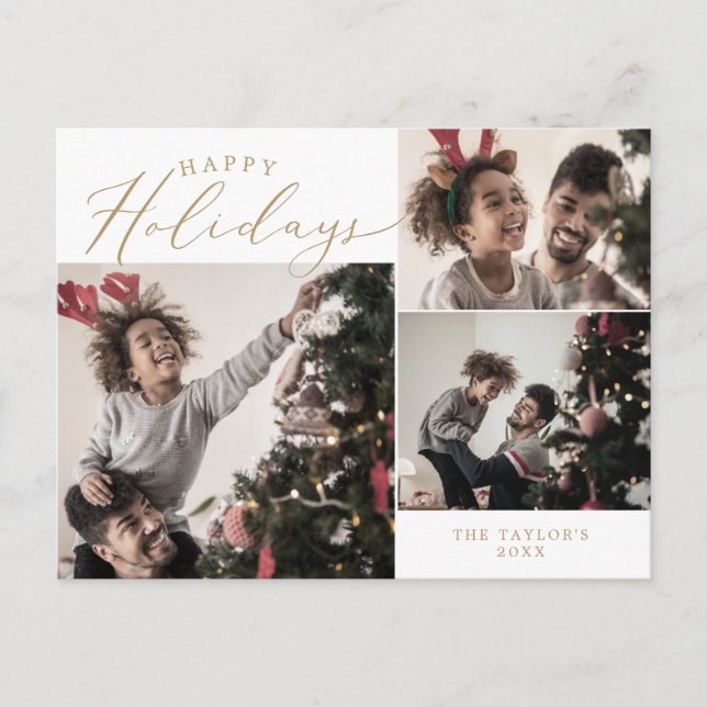 Delicate Gold Happy Holidays 3 Photo Newsletter Holiday Postcard (Front)