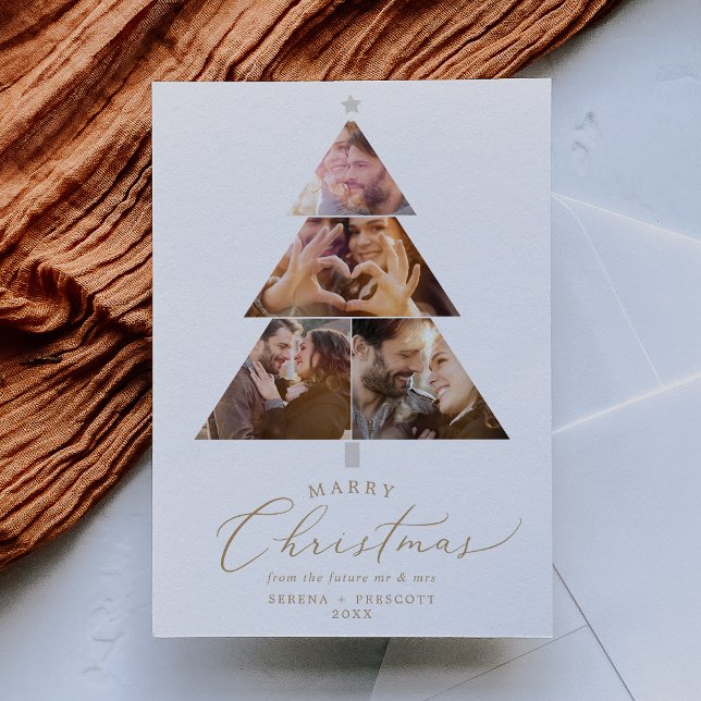 Delicate Gold Marry Christmas Engagement Photo Holiday Card (Creator Uploaded)