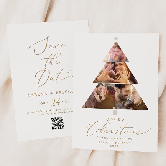 Delicate Gold Marry Christmas Tree Photo Holiday Save The Date (Creator Uploaded)