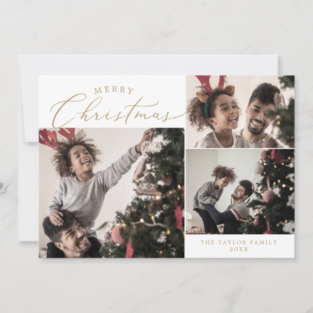 Delicate Gold Merry Christmas 4 Photo Family Holiday Card (Front)