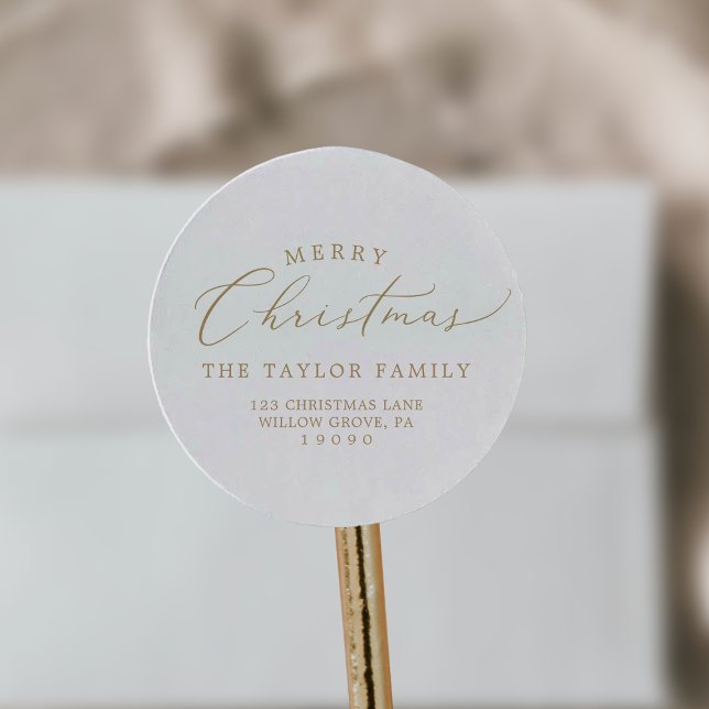 Delicate Gold Merry Christmas Return Address Classic Round Sticker (Creator Uploaded)