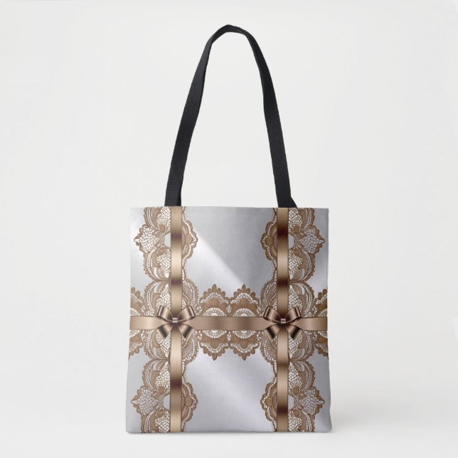 Delicate Gold Ribbon and Lace Print Design Tote Bag (Front)
