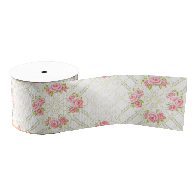 Delicate Gold Scrollwork & Pink Roses Floral Grosgrain Ribbon (Spool)