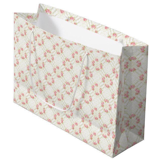 Delicate Gold Scrollwork & Pink Roses Floral Large Gift Bag (Front Angled)