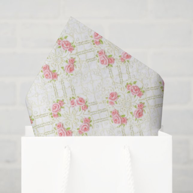 Delicate Gold Scrollwork & Pink Roses Floral Tissue Paper (Gift Bag)