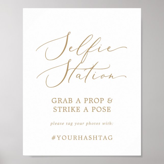 Delicate Gold Selfie Station Wedding Hashtag Sign (Front)