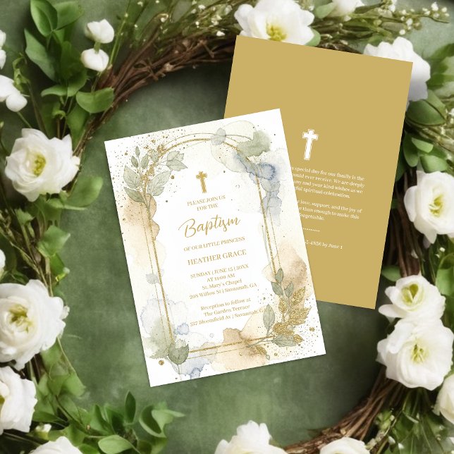 Delicate Gold Shades Floral Frame Arch Baptism Invitation (Delicate Digital Watercolor Gold Shades Floral Frame Arch Shape Baptism Invitation Cards.)