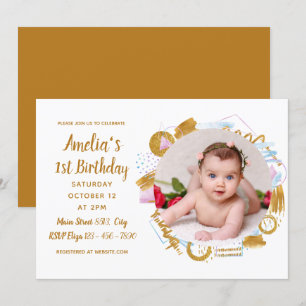 Delicate Gold Spash Photo Baby First Birthday Invitation