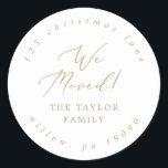Delicate Gold We Moved Circular Return Address Classic Round Sticker<br><div class="desc">These delicate gold we moved circular return address stickers are perfect for a modern holiday card or moving announcement envelope. The romantic minimalist design features lovely and elegant champagne golden yellow typography on a white background with a clean and simple look.</div>