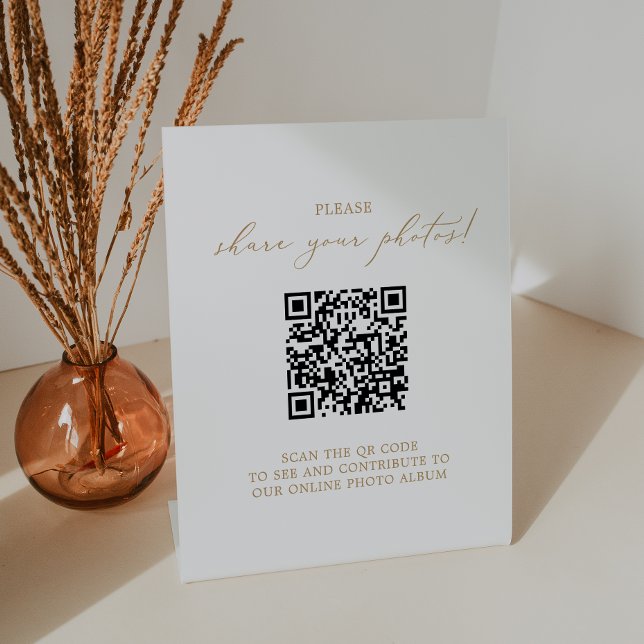 Delicate Gold Wedding Photo Sharing QR Code Pedestal Sign (Creator Uploaded)