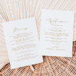 Delicate Gold Wedding Welcome Letter & Itinerary<br><div class="desc">These delicate gold wedding welcome letter & itinerary cards are perfect for a modern wedding. The romantic minimalist design features lovely and elegant champagne golden yellow typography on a white background with a clean and simple look. The front of the card features a welcome letter and the back of the...</div>