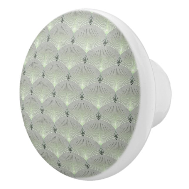 Delicate green and grey, art deco.  ceramic knob (Right)