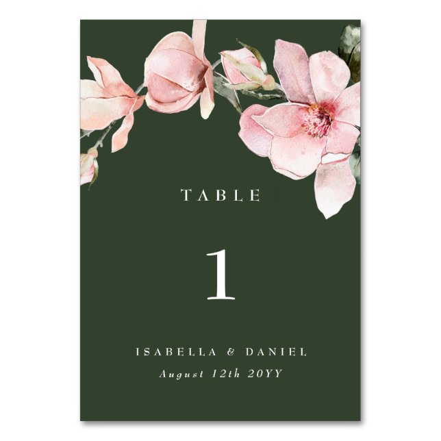 Delicate Green Floral Magnolia Wedding Table Number (Front)