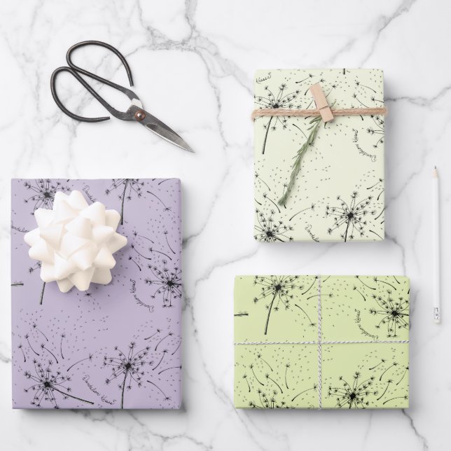 Delicate Green Wildflower Dandelion Kisses Floral Wrapping Paper Sheet (Front)