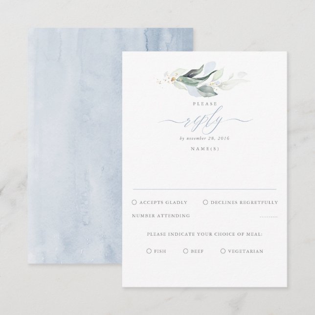Delicate Greenery and Dusty Blue Wedding RSVP Card (Front/Back)