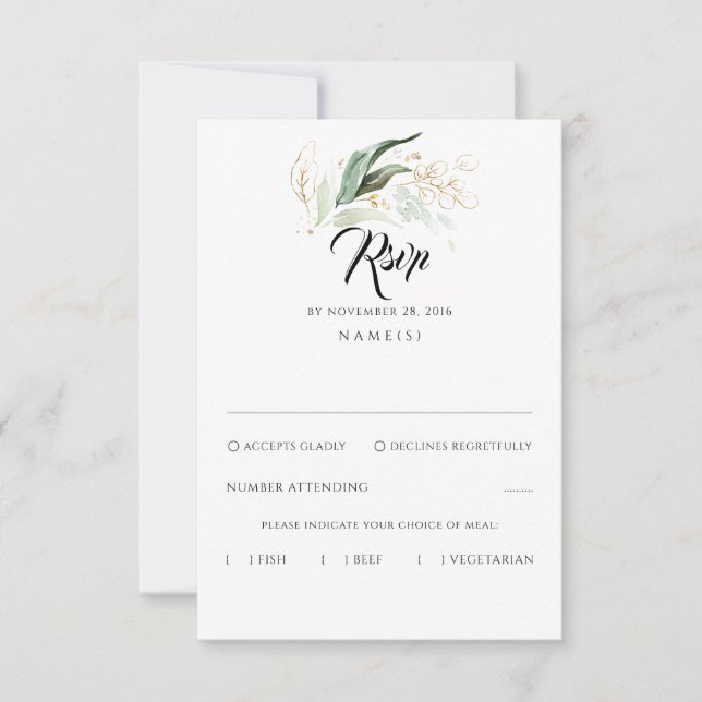 Delicate Greenery and Gold Leaves Wedding RSVP (Front)