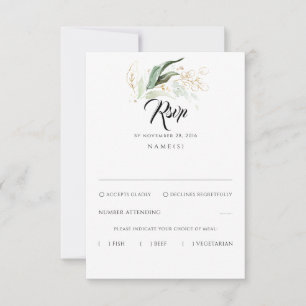 Delicate Greenery and Gold Leaves Wedding RSVP Card