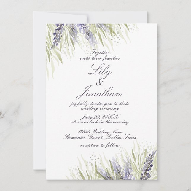 Delicate Greenery and Lavender Wedding Invitation (Front)