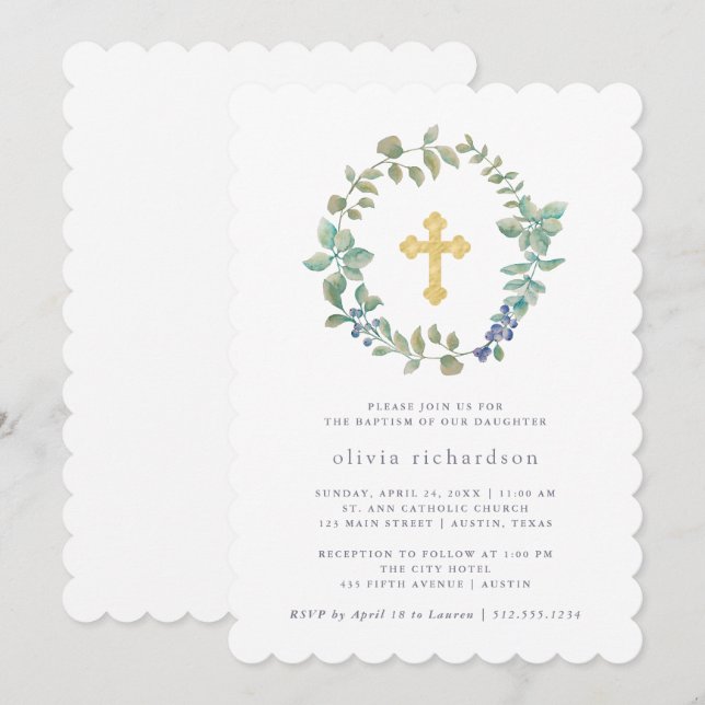 Delicate Greenery | Faux Gold Cross Baptism Invitation (Front/Back)