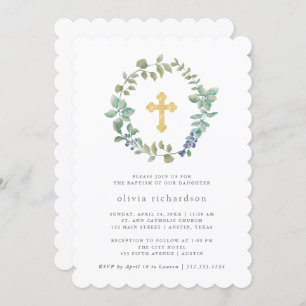 Delicate Greenery   Faux Gold Cross Baptism Invitation