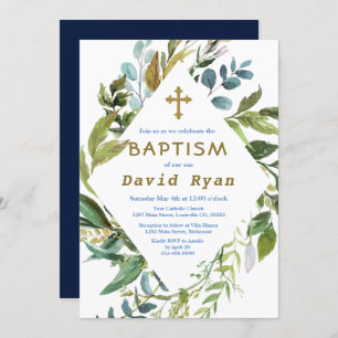 Delicate Greenery Frame Geometric Boy Baptism Invitation