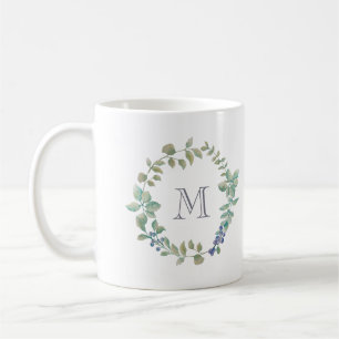 Delicate Greenery   Watercolor Wreath and Monogram Coffee Mug