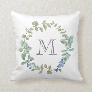Delicate Greenery   Watercolor Wreath and Monogram Cushion