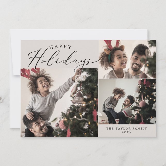 Delicate Greige Happy Holidays 4 Photo Newsletter Holiday Card (Front)