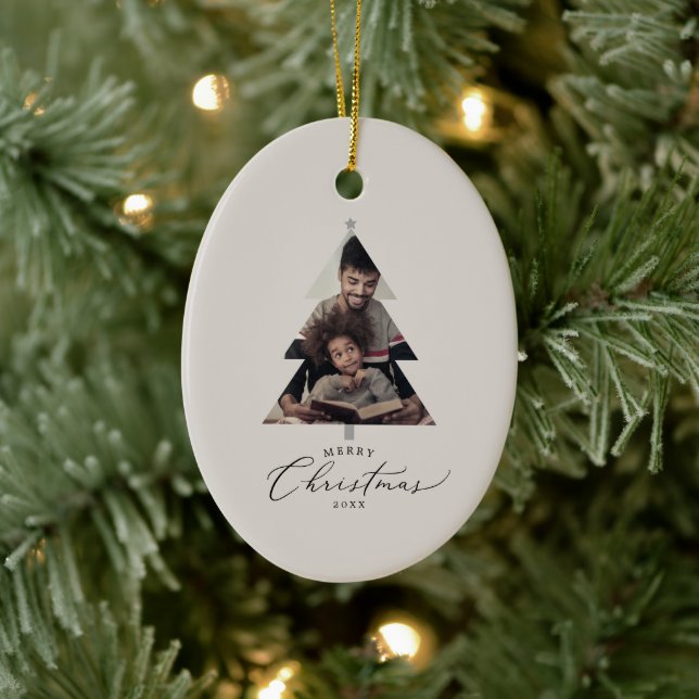 Delicate Greige Merry Christmas Tree Family Photo Ceramic Tree Decoration (Tree)