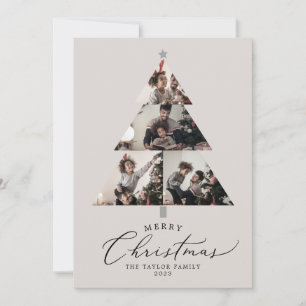 Delicate Greige Merry Christmas Tree Photo Collage Holiday Card