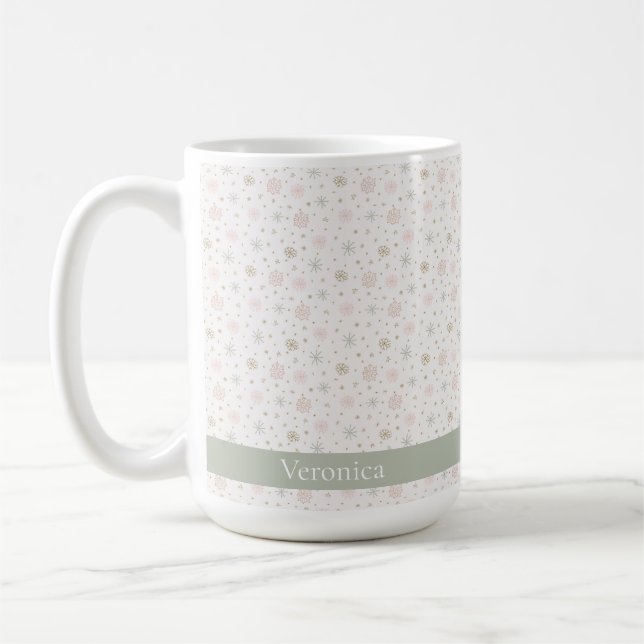 Delicate Grey Snowflake Pattern Christmas Name Coffee Mug (Left)