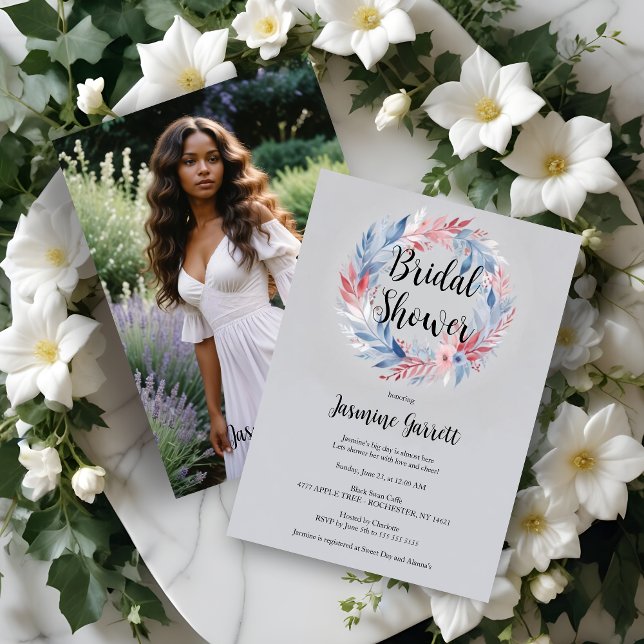 Delicate Grey Wreath Flowers Feathers & Leaves Invitation (Delicate Grey Wreath Flowers Feathers & Leaves Bridal Shower Invitations Cards. )