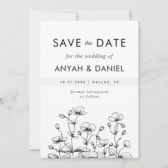 Delicate Hand Drawn Wild Flower Nature Black White Save The Date (Front)