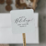Delicate Happy Holidays Holiday Gift Square Sticker<br><div class="desc">These delicate happy holidays holiday gift stickers are perfect for a modern holiday present or holiday card. The romantic minimalist design features lovely and elegant black typography on a white background with a clean and simple look. Personalise the stickers with your name.</div>