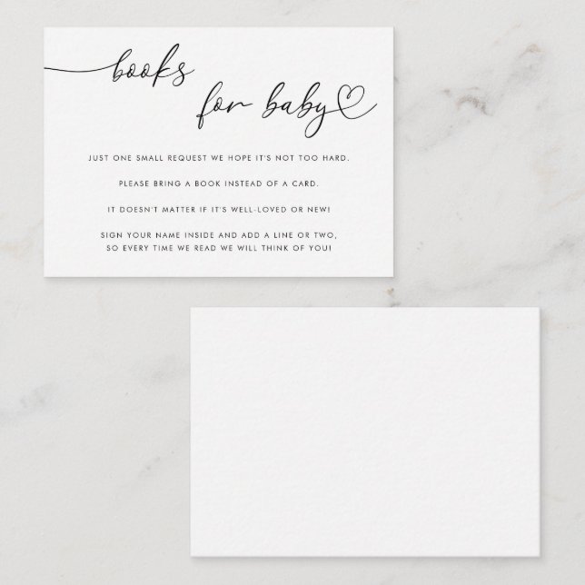 Delicate Heart Script Books for Baby Shower White Enclosure Card (Front/Back)