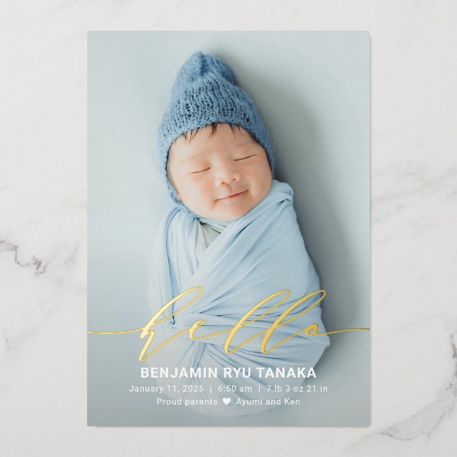 Delicate Hello Foil Modern Baby Birth Announcement (Front)