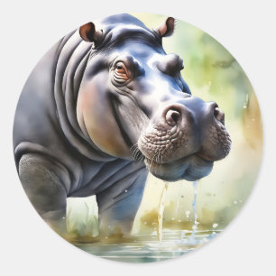 Delicate Hippo Ethereal Watercolor Classic Round Sticker